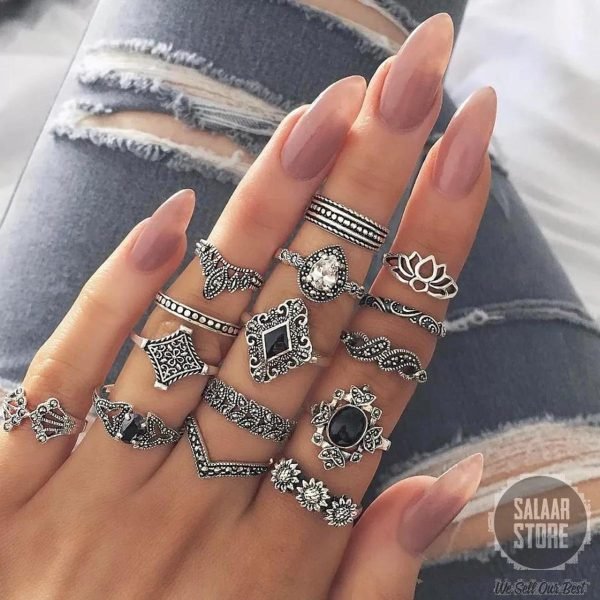 Trendy 15 pcs/set Silver Rings for girls - Bohemian Vintage Black Stone Punk Rings - Wedding Anniversary rings for girls