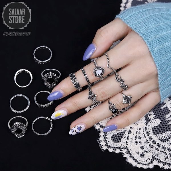 Trendy 15 pcs/set Silver Rings for girls - Bohemian Vintage Black Stone Punk Rings - Wedding Anniversary rings for girls - Image 2